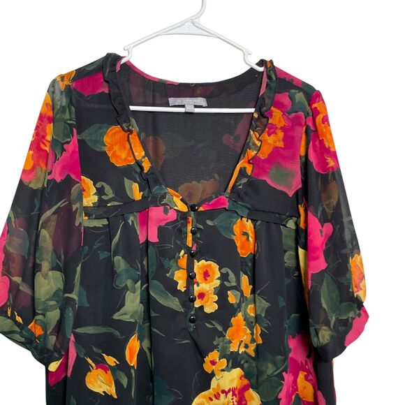 NY Collection Blouse Women's 1X Floral V-Neck Artsy Short Sleeve Top - Picture 2 of 10